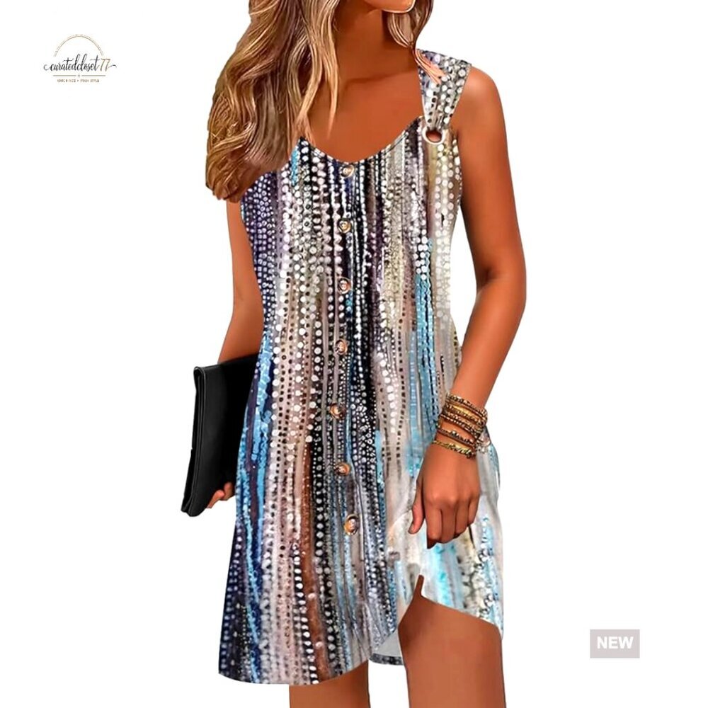Sleeveless V-Neck Sundress with Pockets, Floral Print, Loose Fit, Polyester